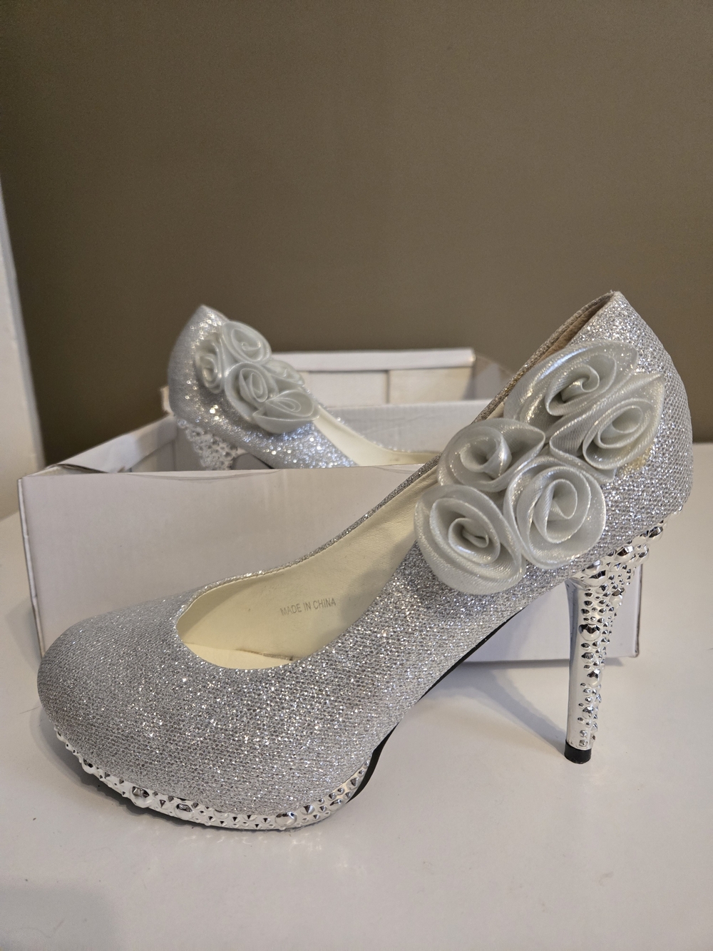 Silver Crystal Embellished Glitter High Heels